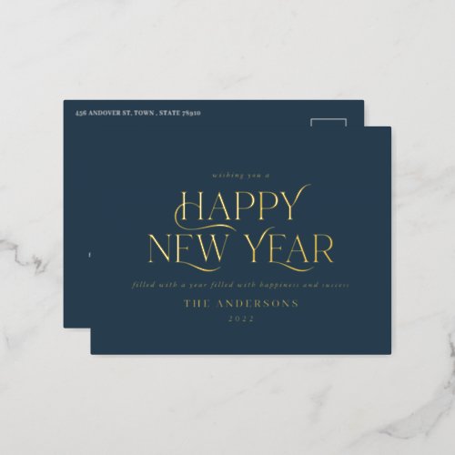 New year blue elegant minimal modern traditional foil holiday postcard