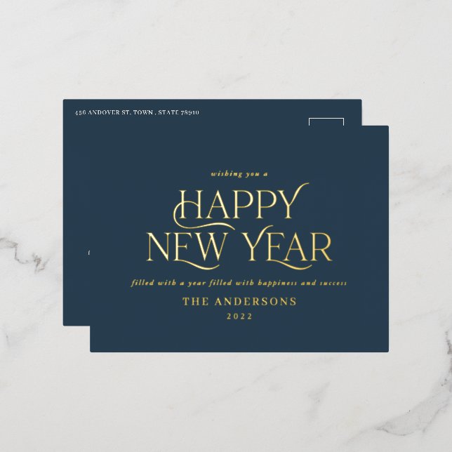New year blue elegant minimal modern traditional foil holiday postcard (Front/Back)