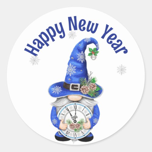 New Year Blue Gnome with Clock Classic Round Sticker