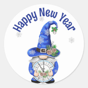 New Year Blue Gnome with Clock Classic Round Sticker