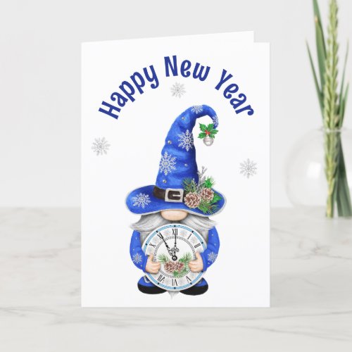 New Year Blue Gnome with Clock Holiday Card