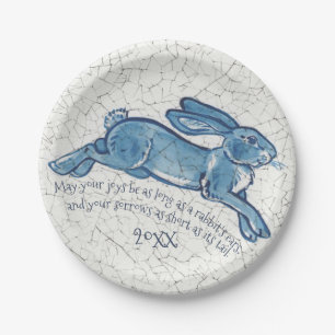 New Year Blue White Bunny Rabbit Delft Dedham Date Paper Plates
