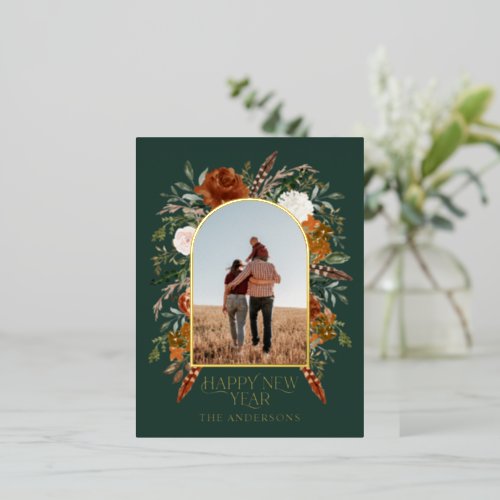 New year budget botanical elegant green  foil holiday postcard