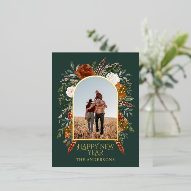 New year budget botanical elegant green  foil holiday postcard (Standing Front)