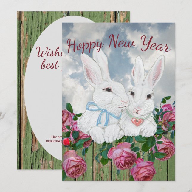New Year Bunny Rabbit Pink Rose Inspirational Cute Holiday Card (Front/Back)