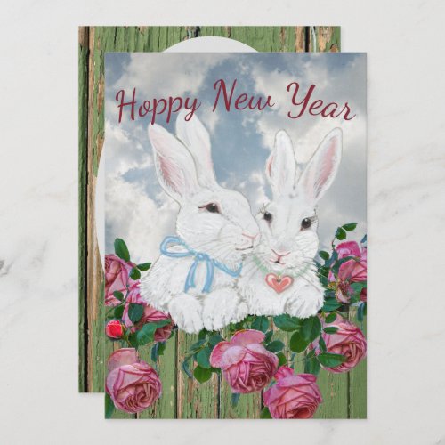 New Year Bunny Rabbit Pink Rose Inspirational Cute Holiday Card