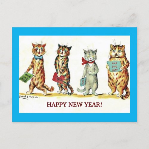 New Year Cats Sing Auld Lang Syne Fun Vintage cpy Postcard