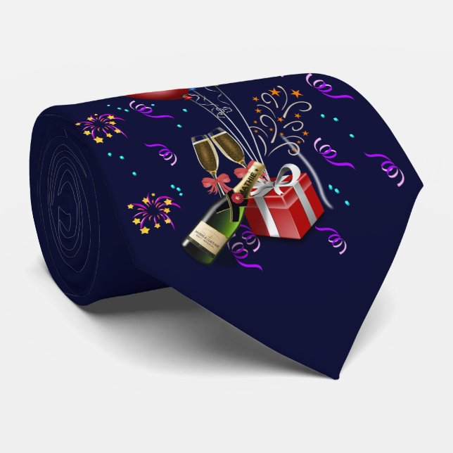 New Year Celebrate Champagne Party Fireworks Neck Tie (Rolled)