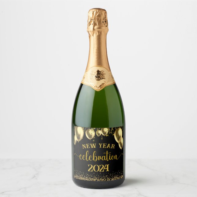 New Year Celebration in gold and black Sparkling Wine Label (Front)