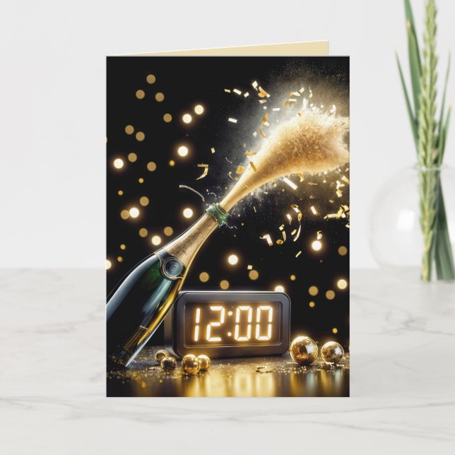 New Year Champagne And Clock Holiday Card (Front)
