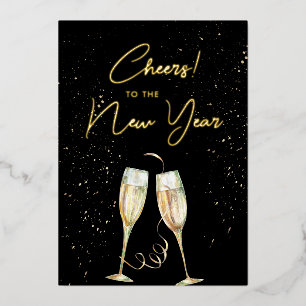 New Year Champagne Glasses Modern Script Foil Holiday Card