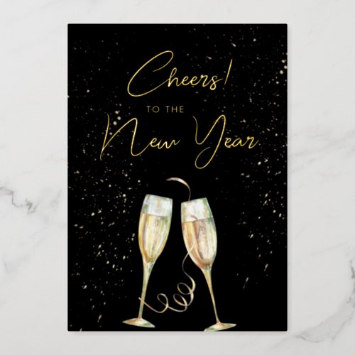 New Year Champagne Glasses Modern Script Foil Holiday Card