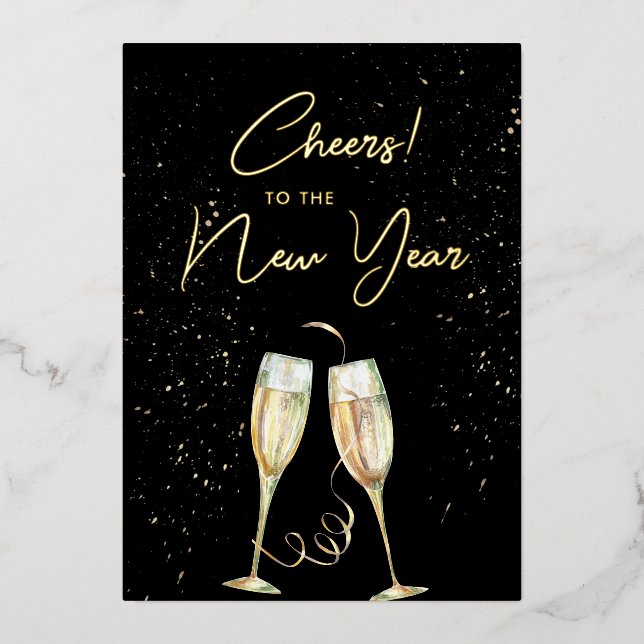 New Year Champagne Glasses Modern Script Foil Holiday Card (Front)