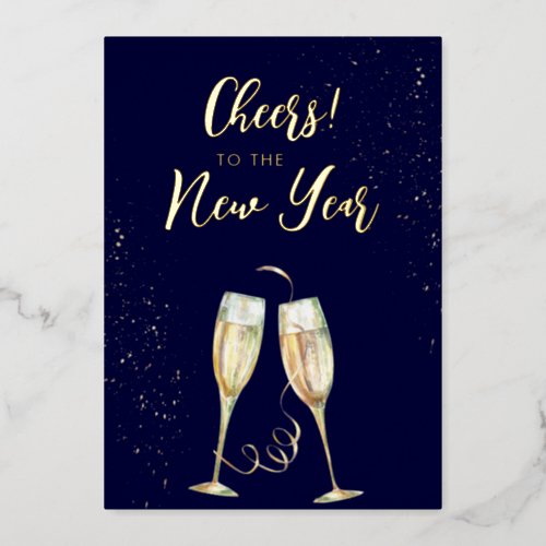 New Year Champagne Glasses Navy Foil Holiday Card