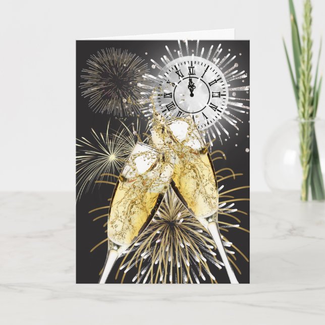 New Year Champagne Toast and Moon Holiday Card (Front)