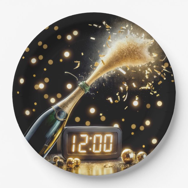New Year Champagne With Midnight Clock Paper Plates (Front)