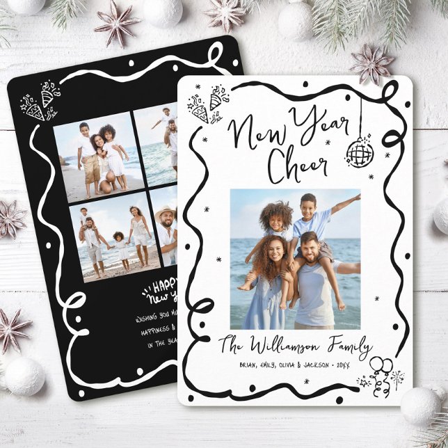 New Year Cheer 5 Photo Black White Hand Drawn Fun Holiday Card (Creator Uploaded)