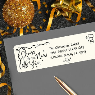 New Year Cheer Black Cream Hand Drawn  Fun Address Label
