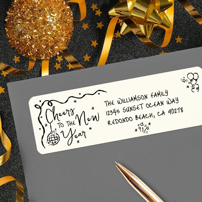 New Year Cheer Black Cream Hand Drawn  Fun Address Label (Creator Uploaded)