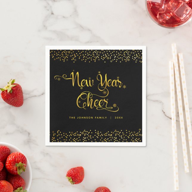 New Year Cheer Black Gold Glitter Snowflakes Name Napkins (Insitu)