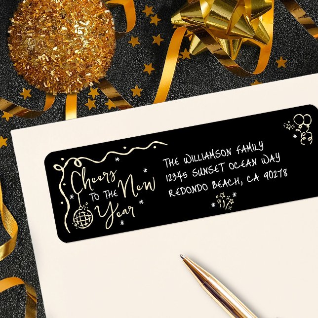 New Year Cheer Black Gold Hand Drawn Art Address Label (Creator Uploaded)