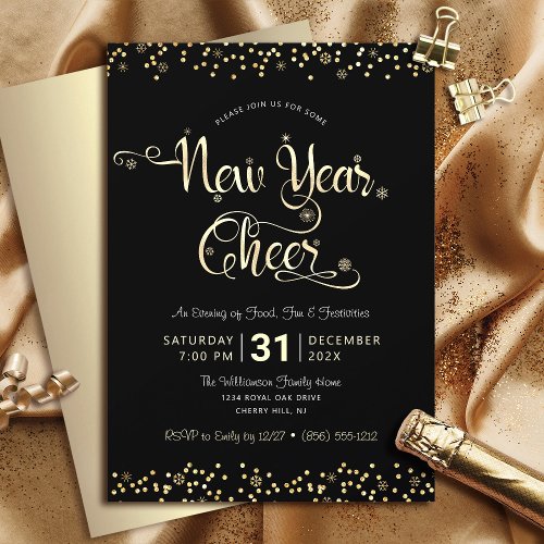 New Year Cheer Black Gold Script Confetti Party Invitation