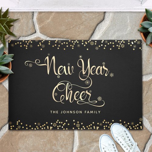 New Year Cheer Black Gold Script Snowflake Glitter Doormat