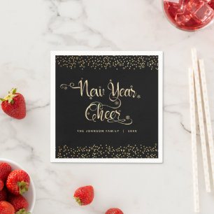 New Year Cheer Black Gold Script Snowflake Glitter Napkins