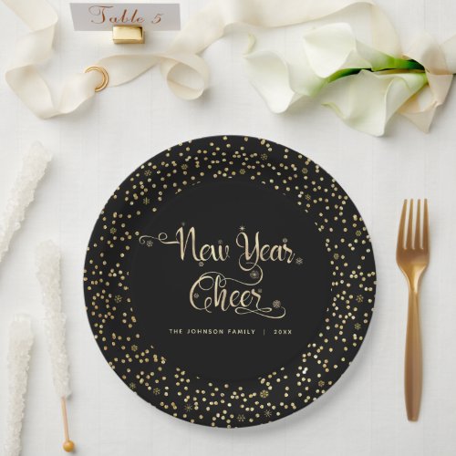New Year Cheer Black Gold Script Snowflake Glitter Paper Plates