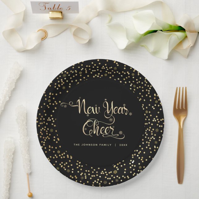 New Year Cheer Black Gold Script Snowflake Glitter Paper Plates (Wedding)