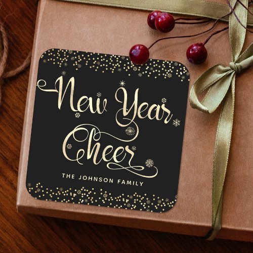 New Year Cheer Black Gold Script Snowflake Glitter Square Sticker
