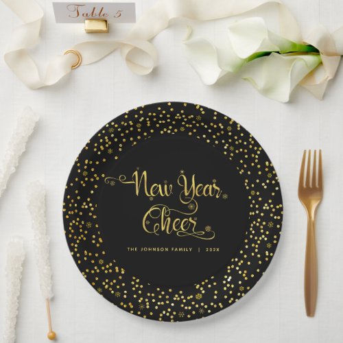 New Year Cheer Black Gold Snowflakes Typography  Paper Plates
