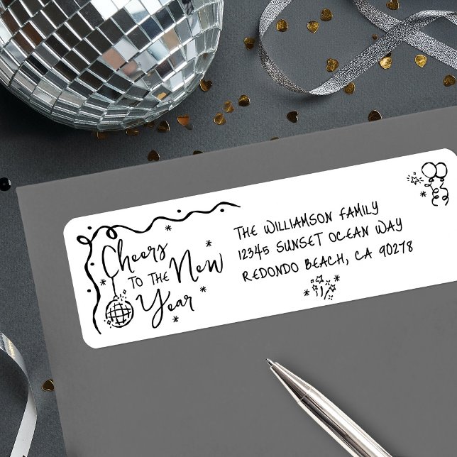 New Year Cheer Black on White Hand Drawn Address Label (Creator Uploaded)