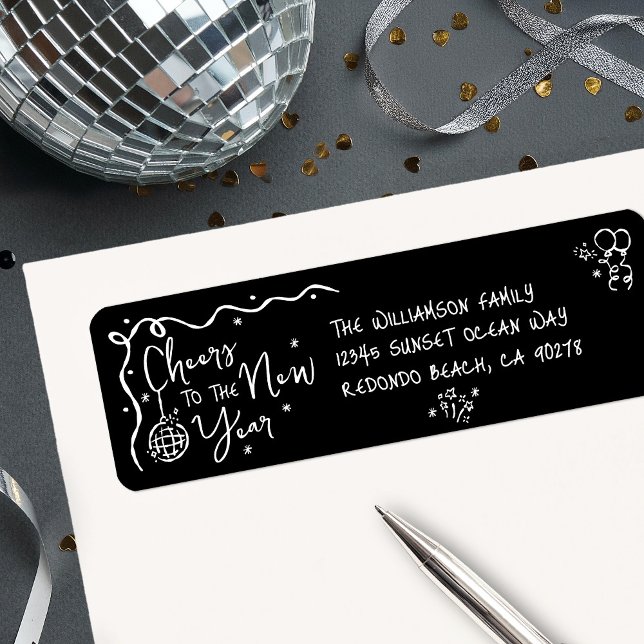 New Year Cheer Black White Hand Drawn Fun Address Label (Creator Uploaded)
