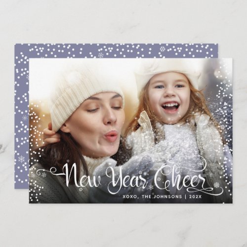 New Year Cheer Bold Modern White Snowflakes Photo Holiday Card