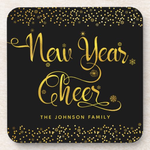 New Year Cheer Chic Gold Snowflakes Black Custom Beverage Coaster