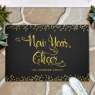 New Year Cheer Chic Gold Snowflakes Black Custom Doormat