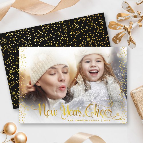 New Year Cheer Chic Modern Gold Glitter Dots Photo Holiday Card
