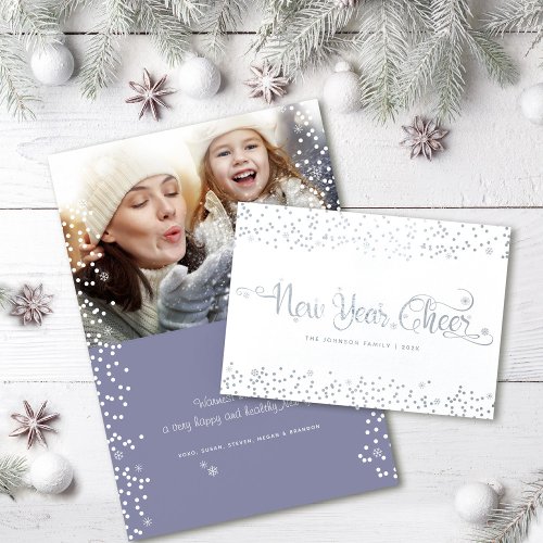 New Year Cheer Chic Modern White Snowflakes Photo Foil Card