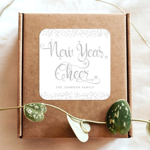 New Year Cheer Chic Silver Snowflakes White Custom Square Sticker