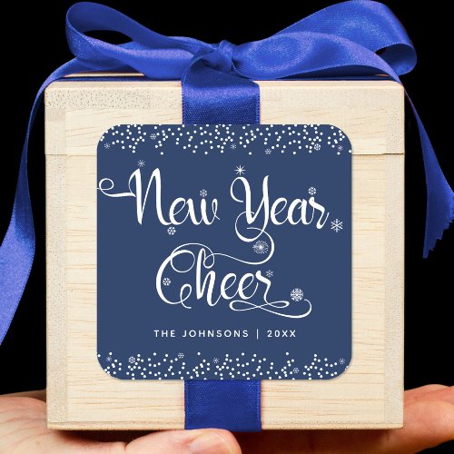 New Year Cheer Chic White Snowflakes Navy Custom Square Sticker