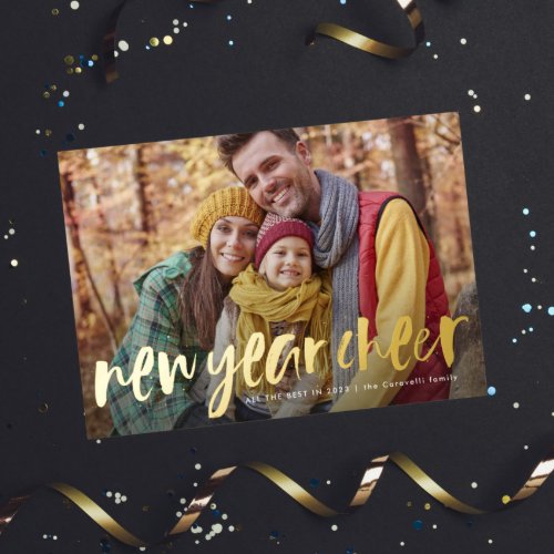New year cheer fun playful one photo foil holiday card
