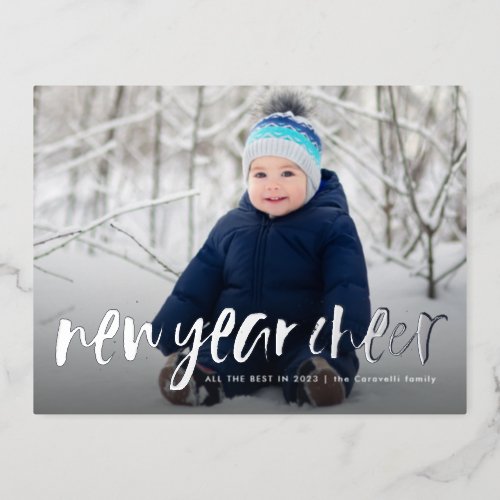 New Year Cheer fun playful one photo Foil Holiday Postcard