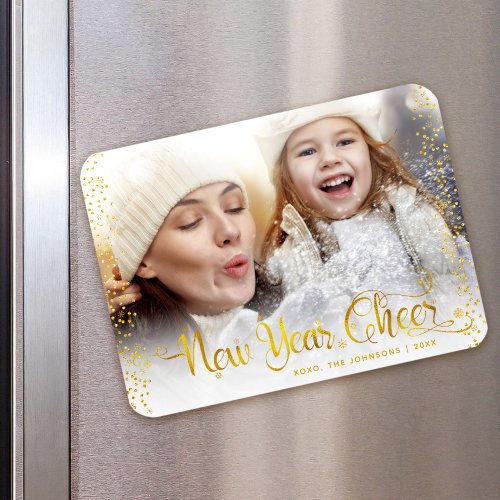 New Year Cheer Gold Snowflakes Typography Photo Magnet