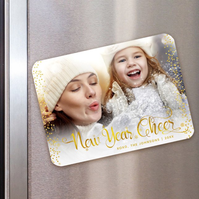 New Year Cheer Gold Snowflakes Typography Photo Magnet (Creator Uploaded)