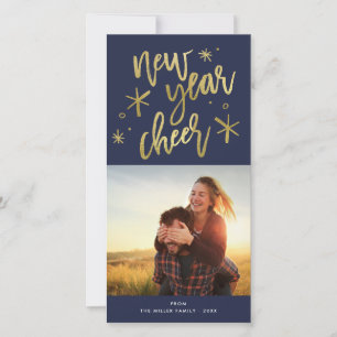 New Year Cheer Gold Starburst Photo Holiday Card