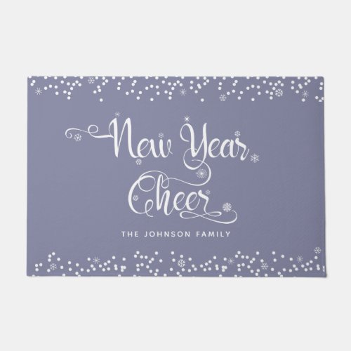 New Year Cheer Gray White Snowflakes Script Name Doormat