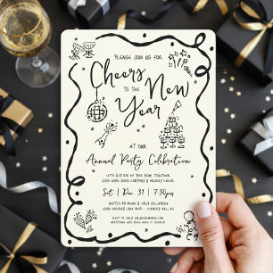 New Year Cheer Hand Drawn Doodle Cream Black Party Invitation