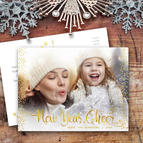 New Year Cheer Modern Script Chic Gold Dots Photo Holiday Postcard