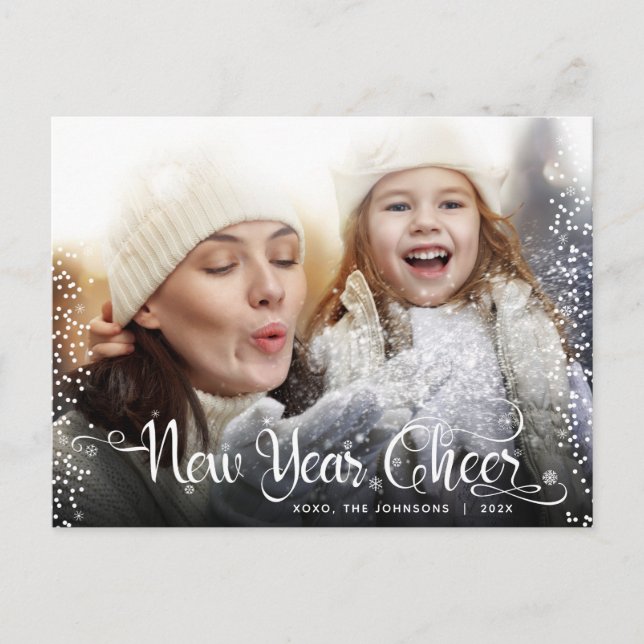 New Year Cheer Modern Script White Snowflake Photo Holiday Postcard (Front)